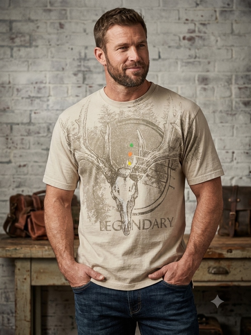 Legendary Whitetails Graphic Tee Shirt Mens Large Beige Deer Antler Skull